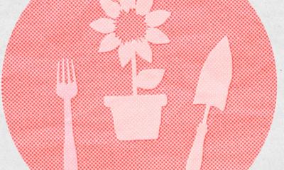 A pink circle with Ecotopian Toolkit logos of a fork, flower, and trowel.