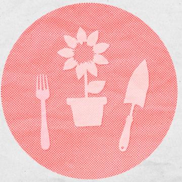 A pink circle with Ecotopian Toolkit logos of a fork, flower, and trowel.