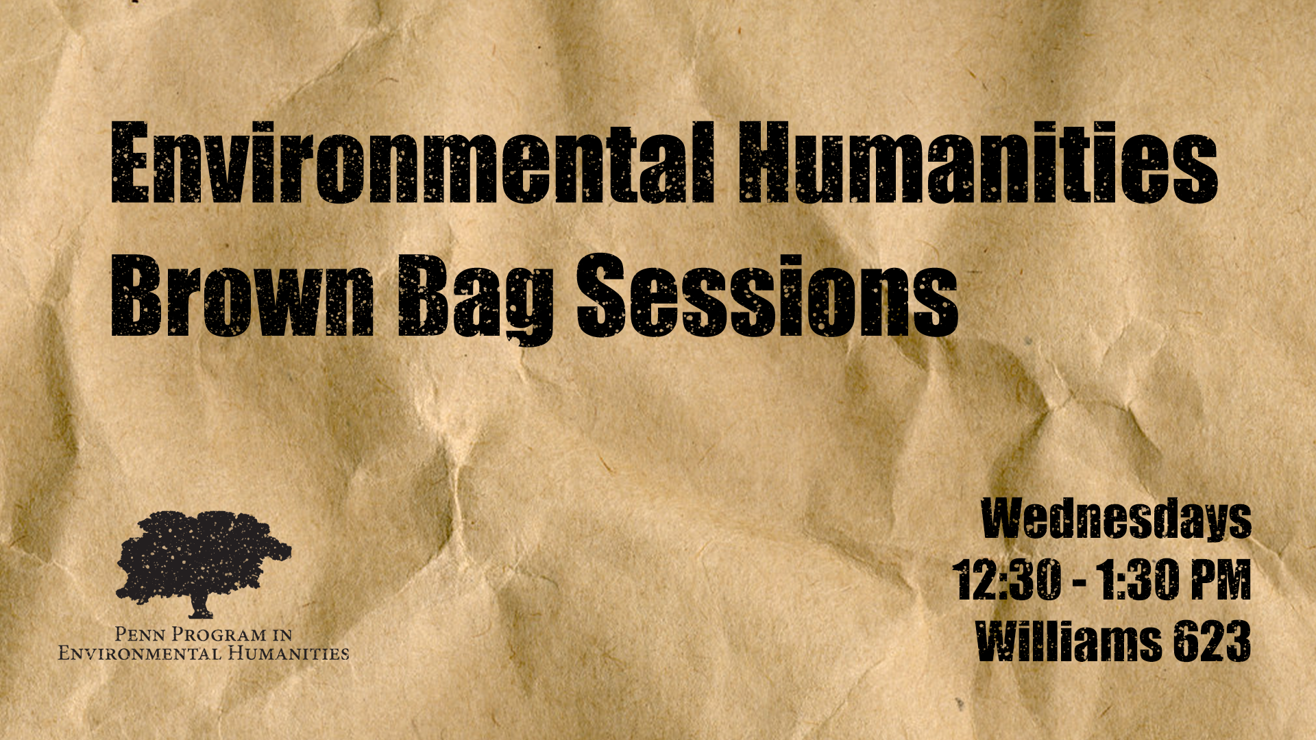 "Environmental Humanities Brown Bag Session" written on a brown bag texture.