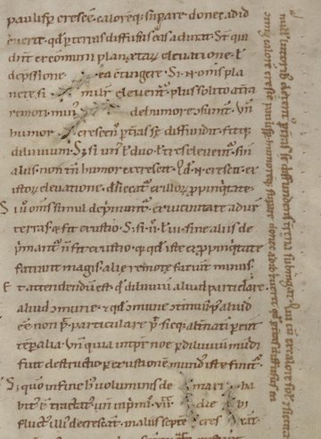 Detail of a page from William of Conches’s De philosophia mundi, a twelfth-century scientific text covering astronomy, geography, meteorology, and medicine. The scribe has worked around several tears in the parchment. Kislak Center for Special Collections