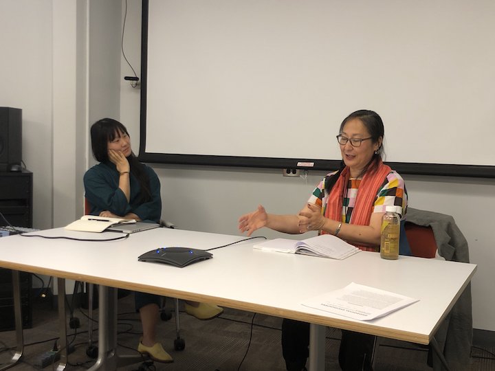 Toby Lee (left) and Rea Tajiri answer questions following their panel, “Land, Memory, and Indigenous Histories.” 