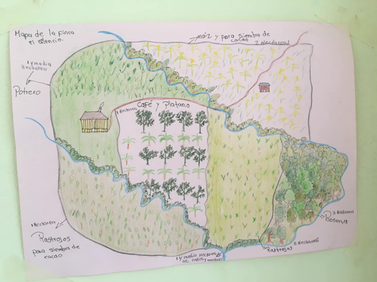 Maps of farms drawn by residents of the Mandur River watershed, Buena Esperanza, Puerto Guzmán, Putumayo. December 2019. Photograph by author.