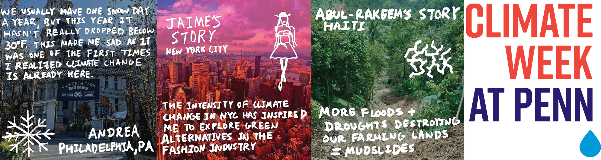 three selected climate stories in blue, pink, and green, and the climate week at penn logo
