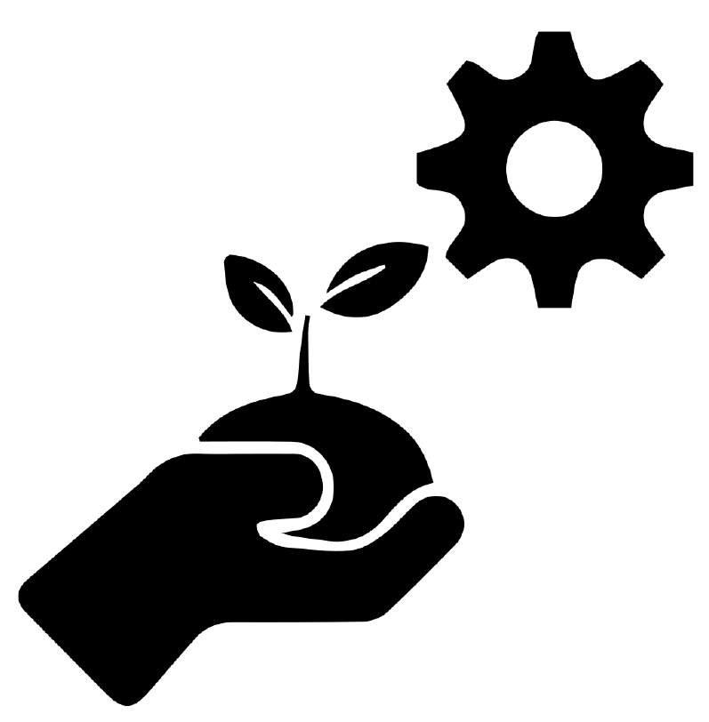 this is an graphic of a hand holding a mound of earth with a plant and a gear suspended in the air above