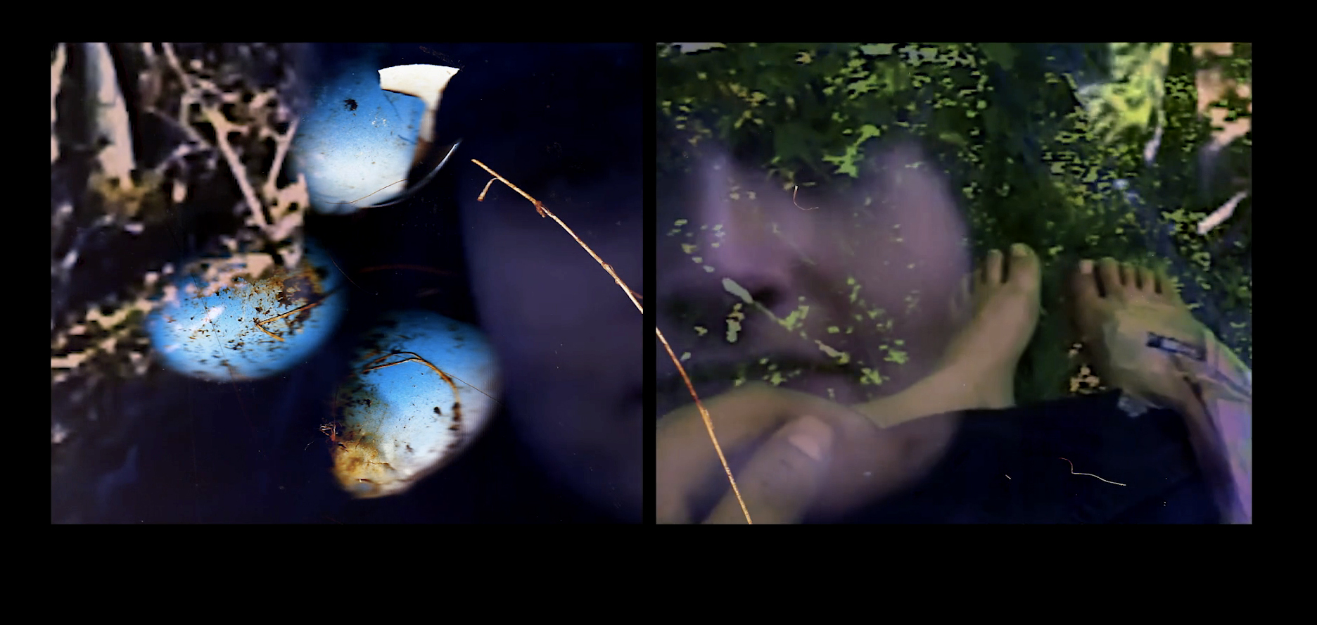 abstract film still of two frames side by side, one of blue eggs and the other of human feet