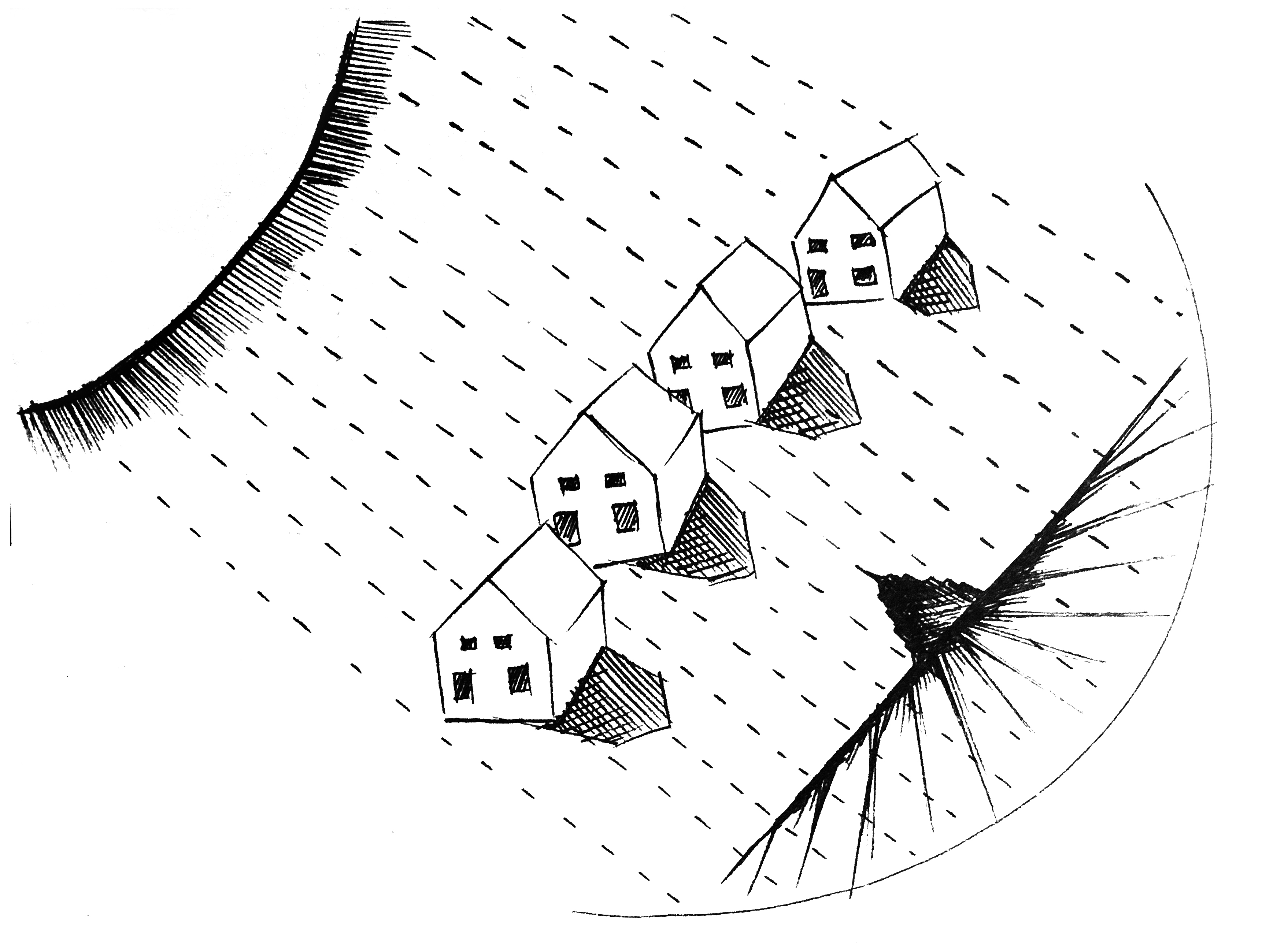 black and white drawing of a sun and levitating homes