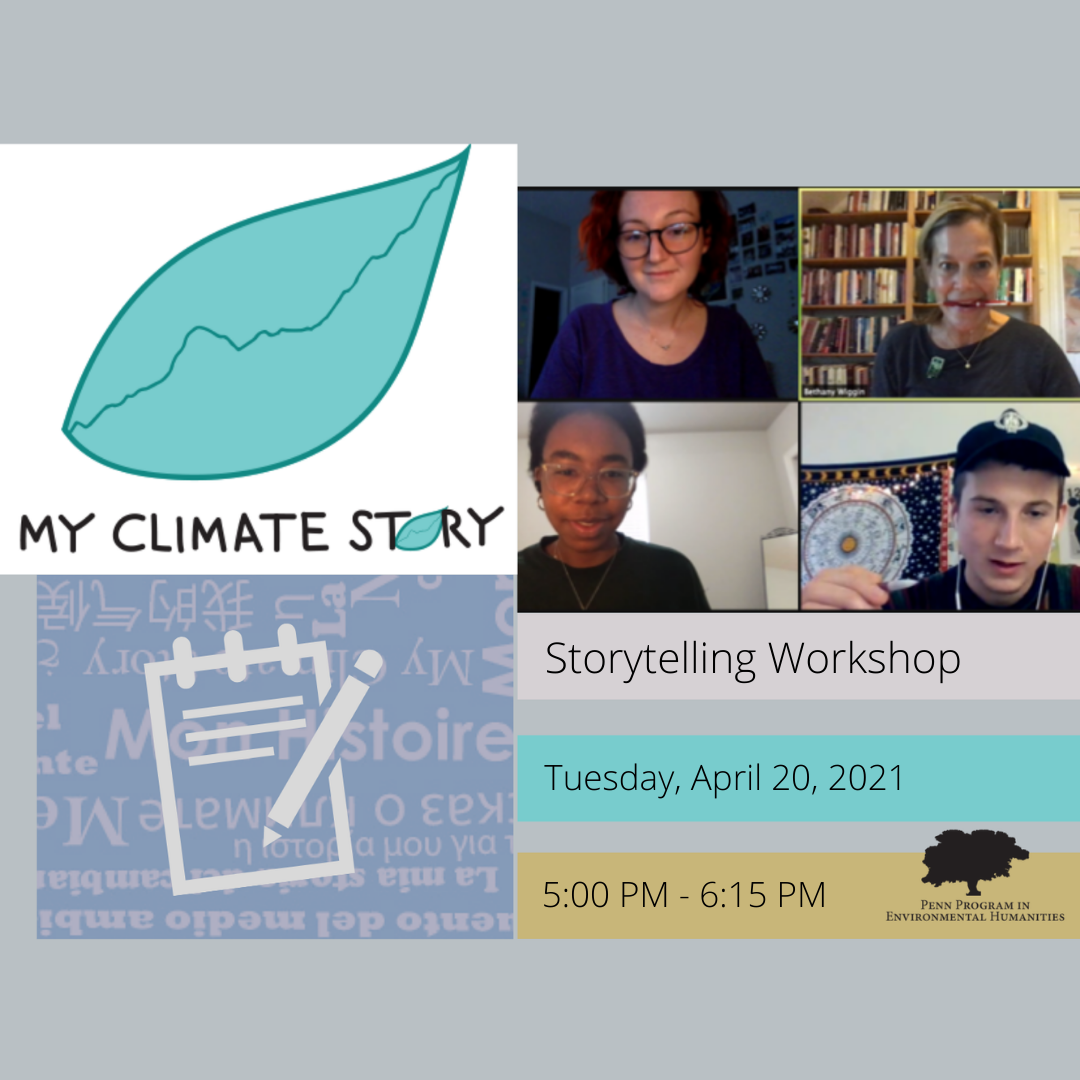 4 people in a Zoom meeting with My Climate Story leaf logo and workshop details