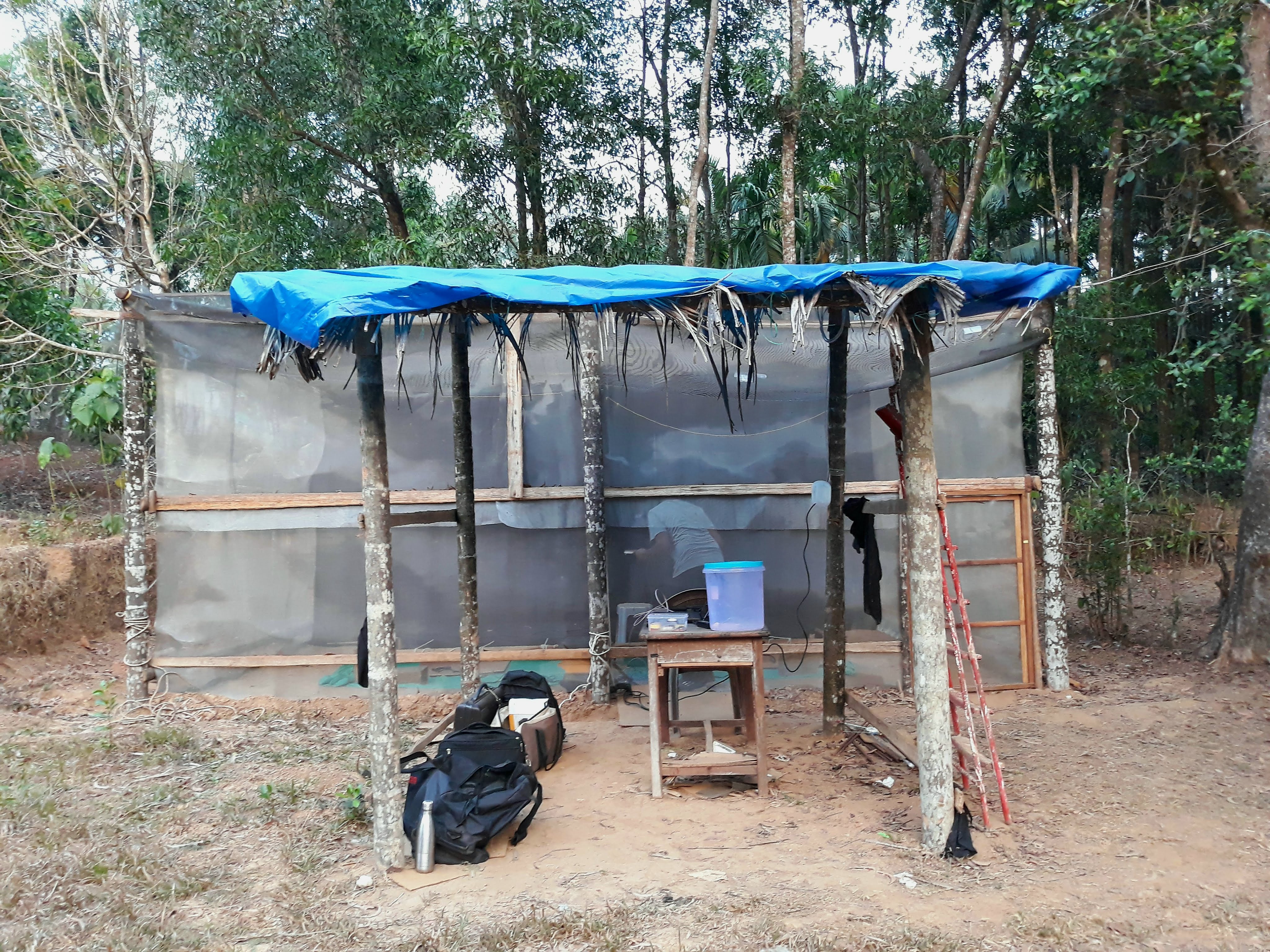 An outdoor structure with a roof used for conducting experiments.