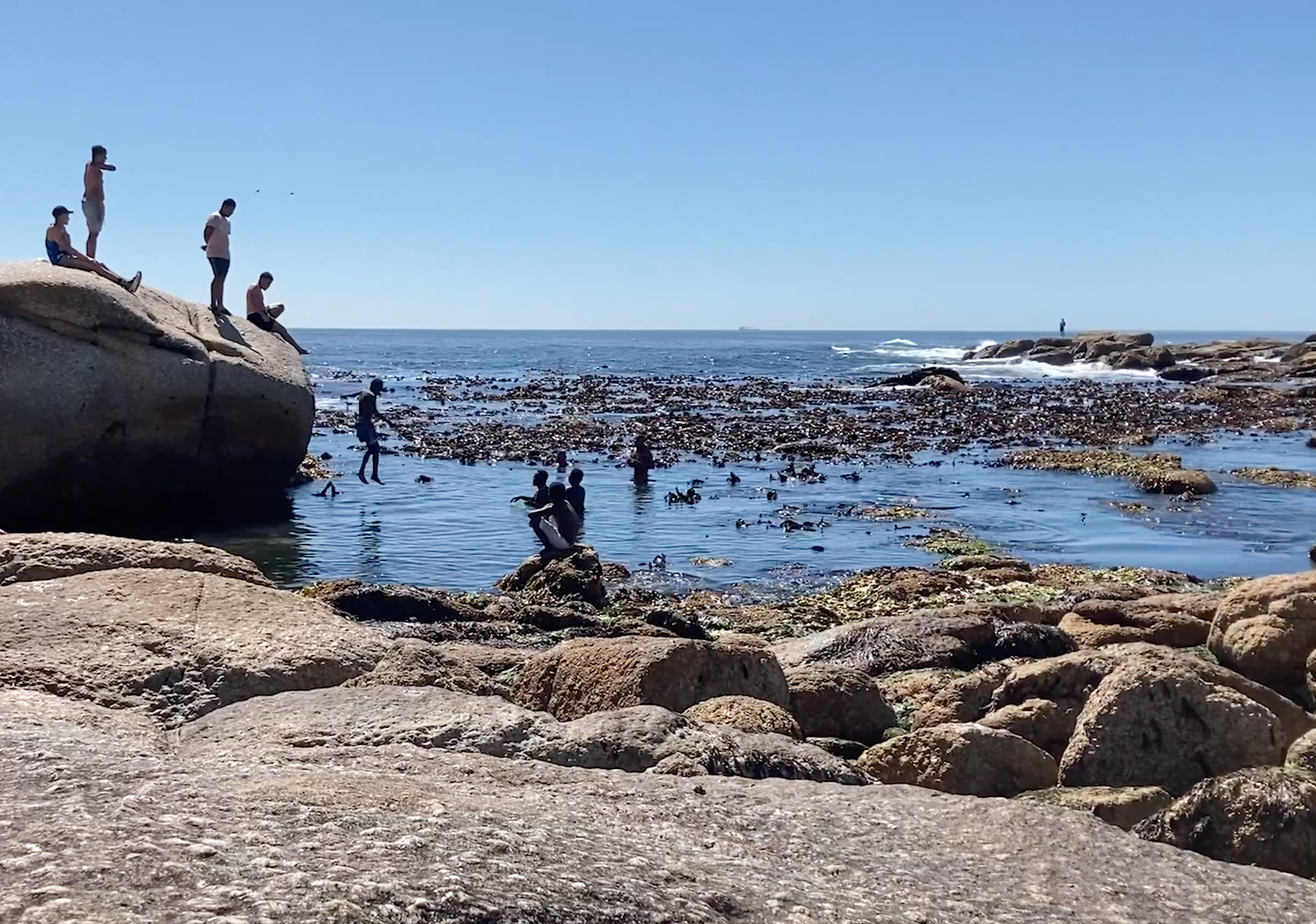 People at a rocky beach. 