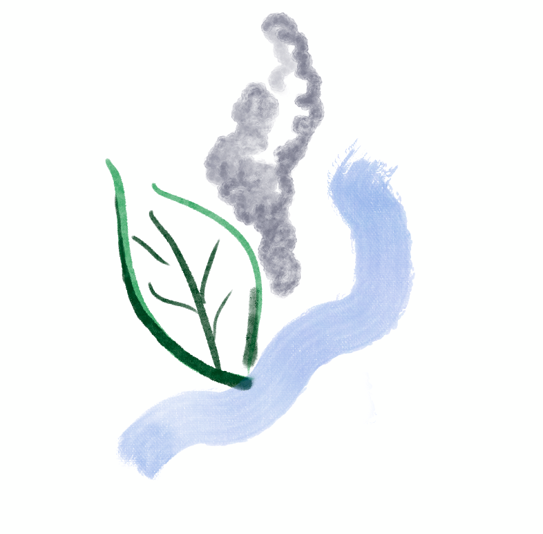 Digital drawing of leaf, smoke, and river path