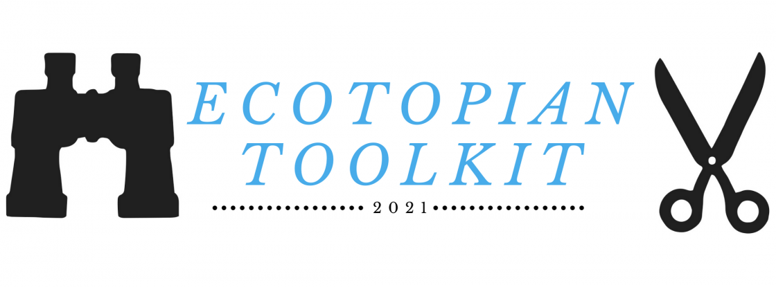 binoculars and scissors silhouettes next to Ecotopian Toolkit 2021