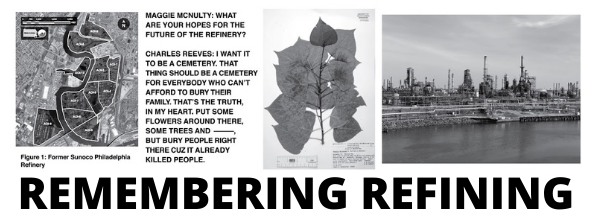 Billboard image showing four images. From left to right, a map of areas of interest at the former PES refinery, text quote from Mr Charles Reeves, botanical specimen for remediation plant, a photo of the refinery from the river