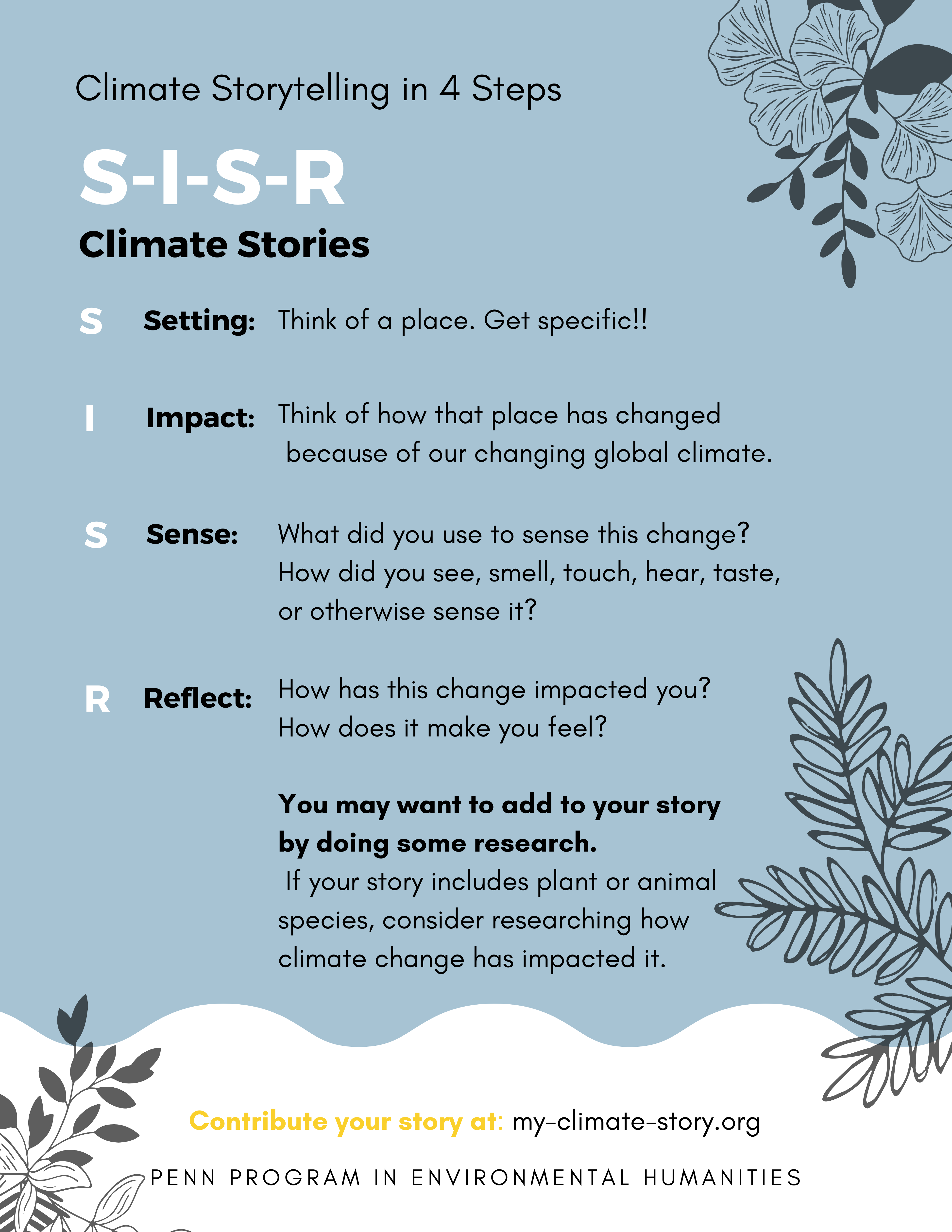 Climate storytelling steps listed: Setting, Impact, Sense, Reflect