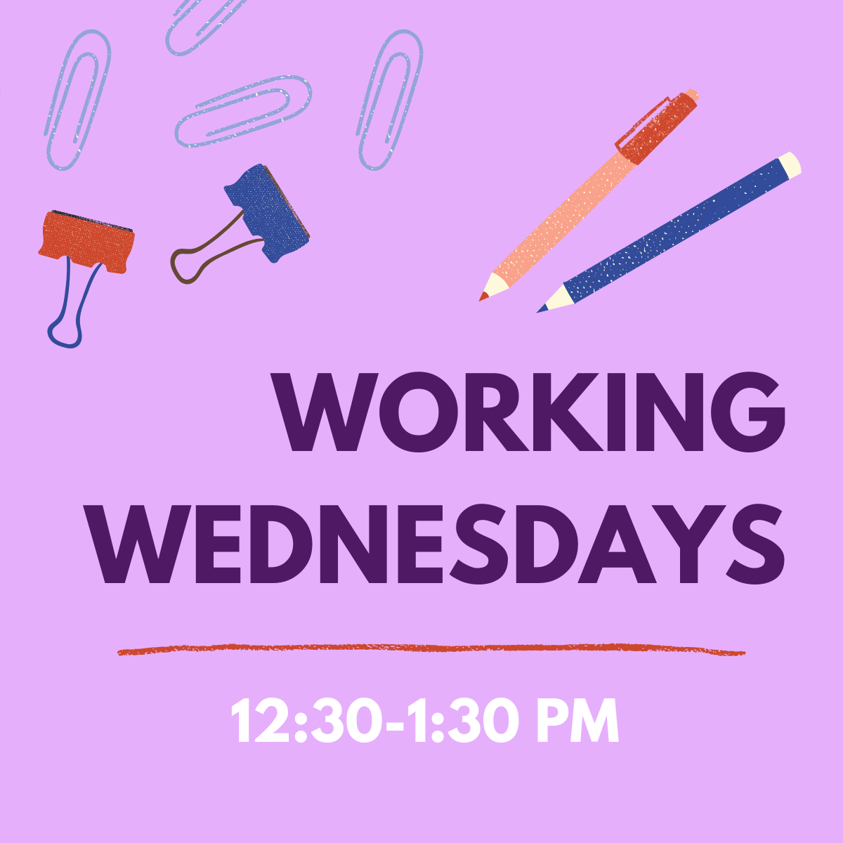 Working Wednesdays Header with purple field and pencils and binder clips