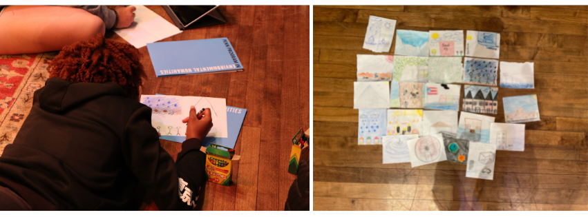 Left: a student draws with crayons on the Irvine stage, Right: a paper quilt of climate stories drawn with crayons