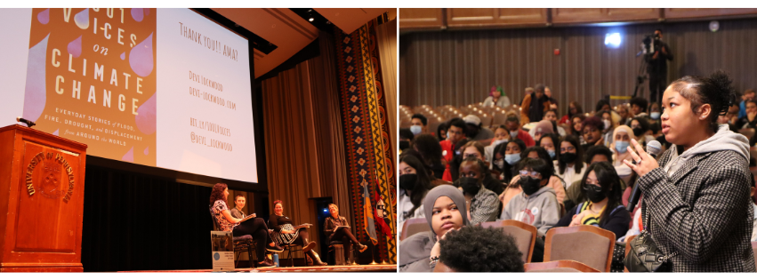 Left photo is the panel of teachers and Devi Lockwood under the slide display of Devi's book title, Right photo: students in the audience and a student in a gray coat with a microphone in the foreground 