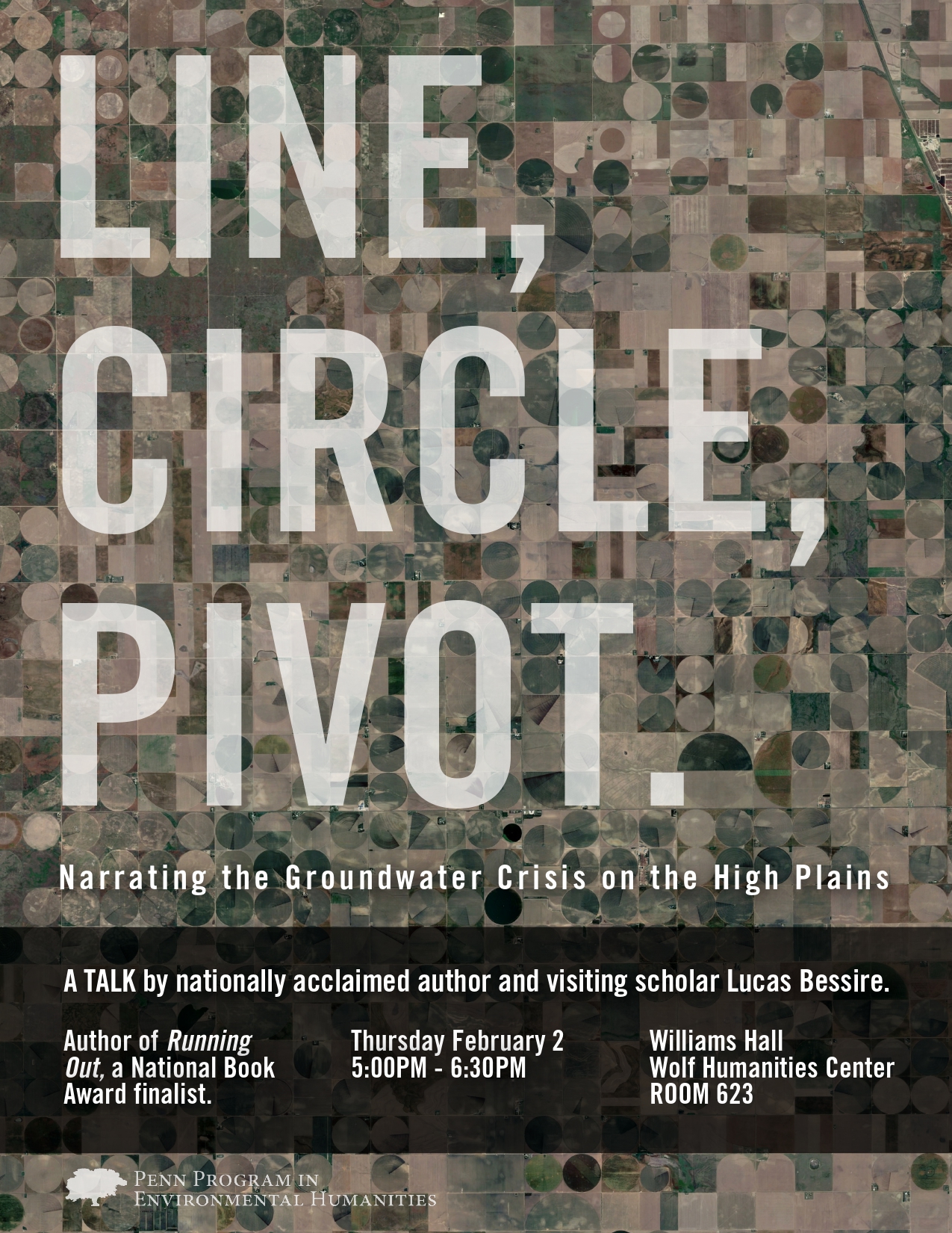 Poster advertising "Lina, Circle, Pivot." talk with Lucas Bessire. 
