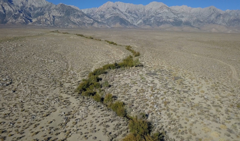Aerial shot of a desert with a thin line of vegetation running through it.