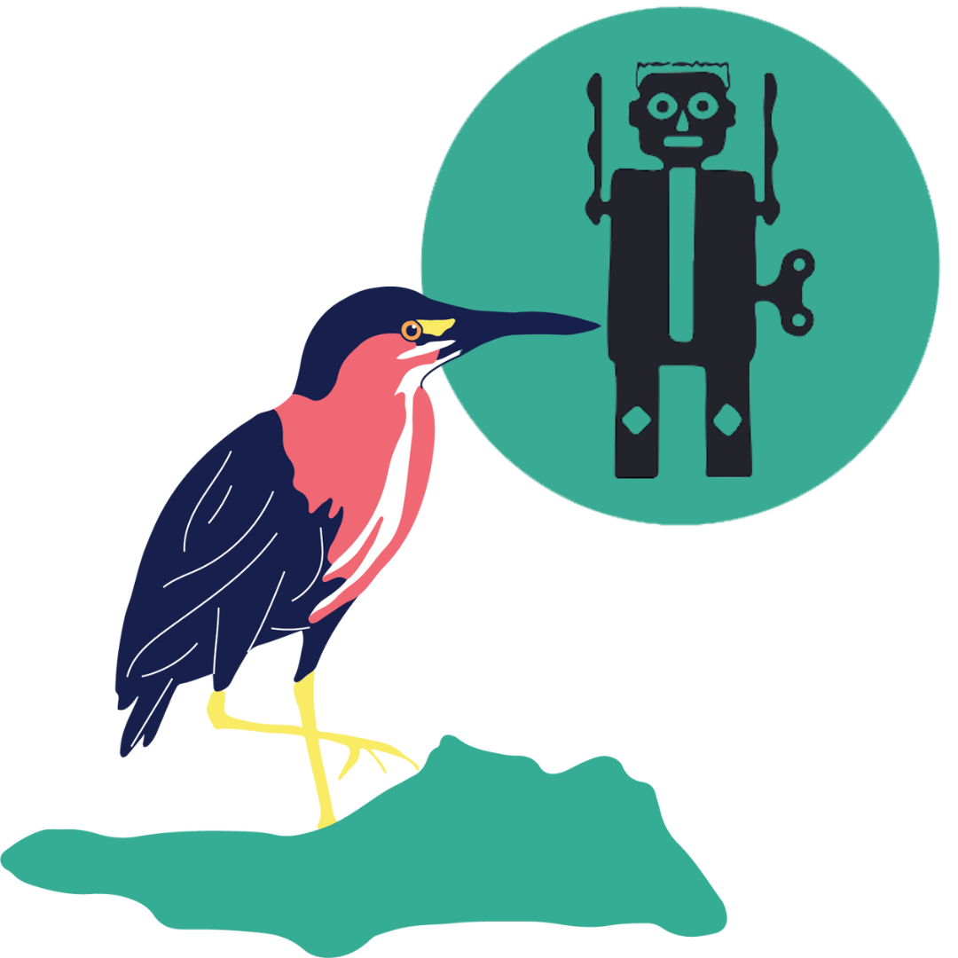 Colorful illustration of a green heron next to the Ecotopian Toolkit robot logo.