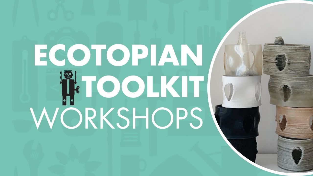 Text "ecotopian toolkit workshops" next to an image of stacked sculptural avian homes.