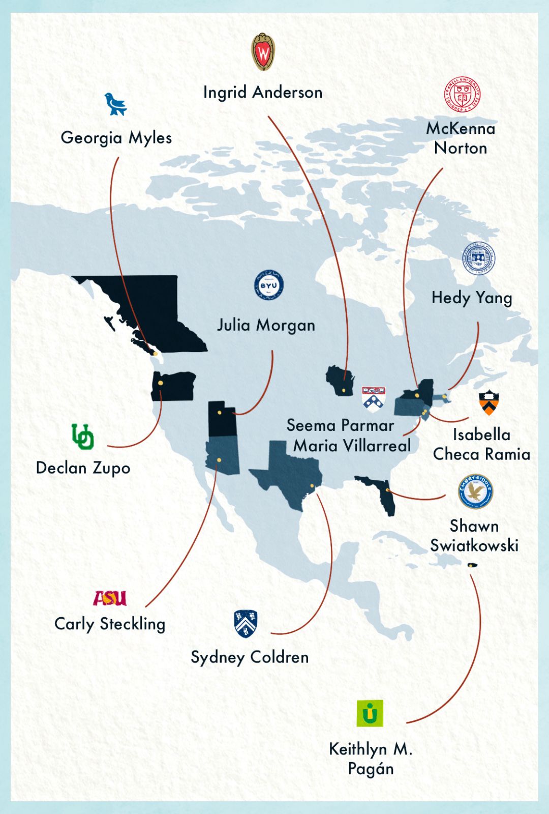 An illustrated map showing the locations of the 12 universities attended by the Campus Correspondents.