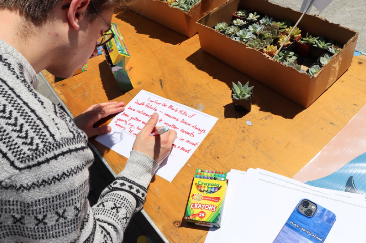 A person in a patterned sweater hand writes their climate story using crayons.