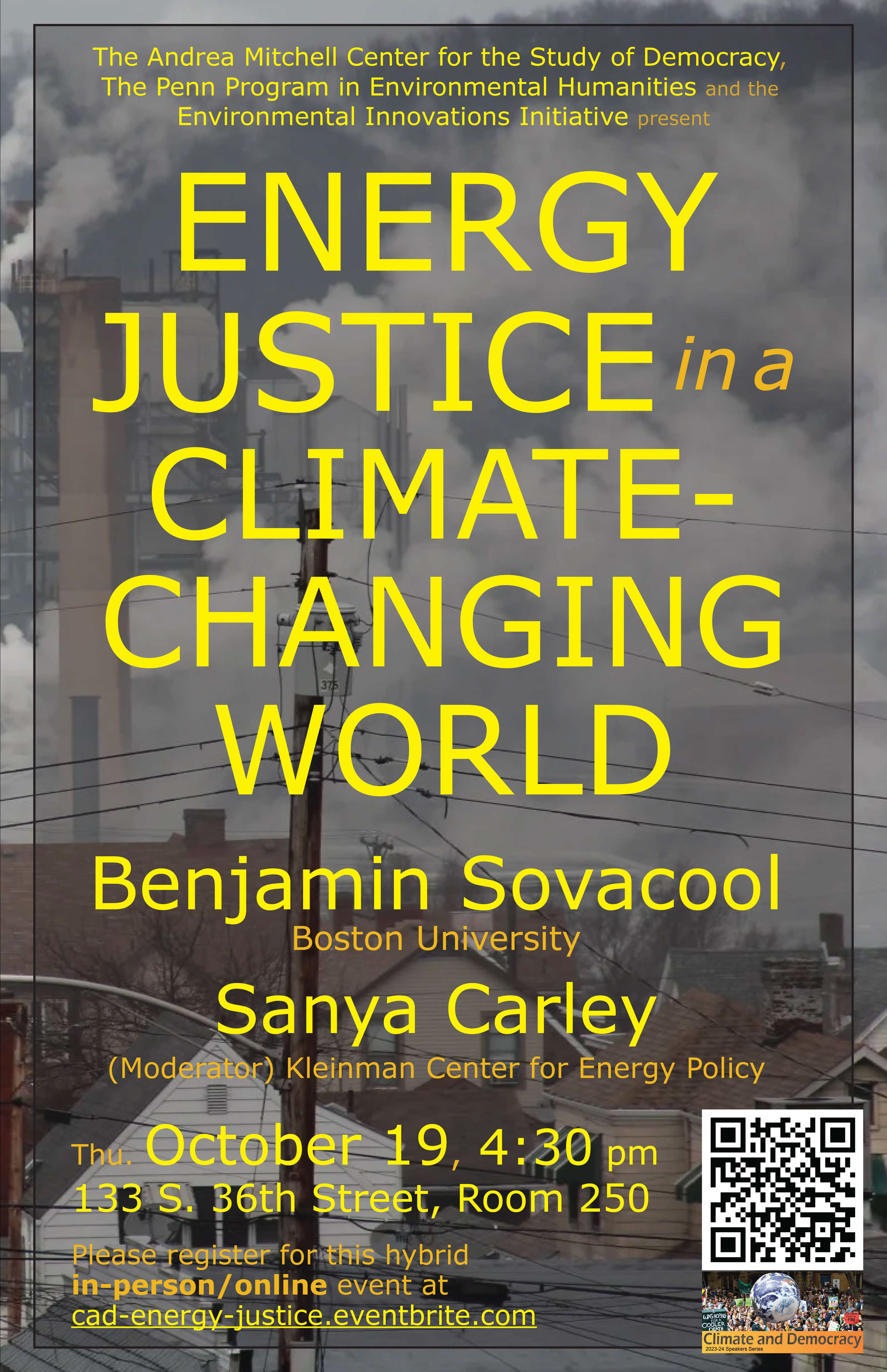 "Energy Justice in a Climate-Changing World" event flyer.
