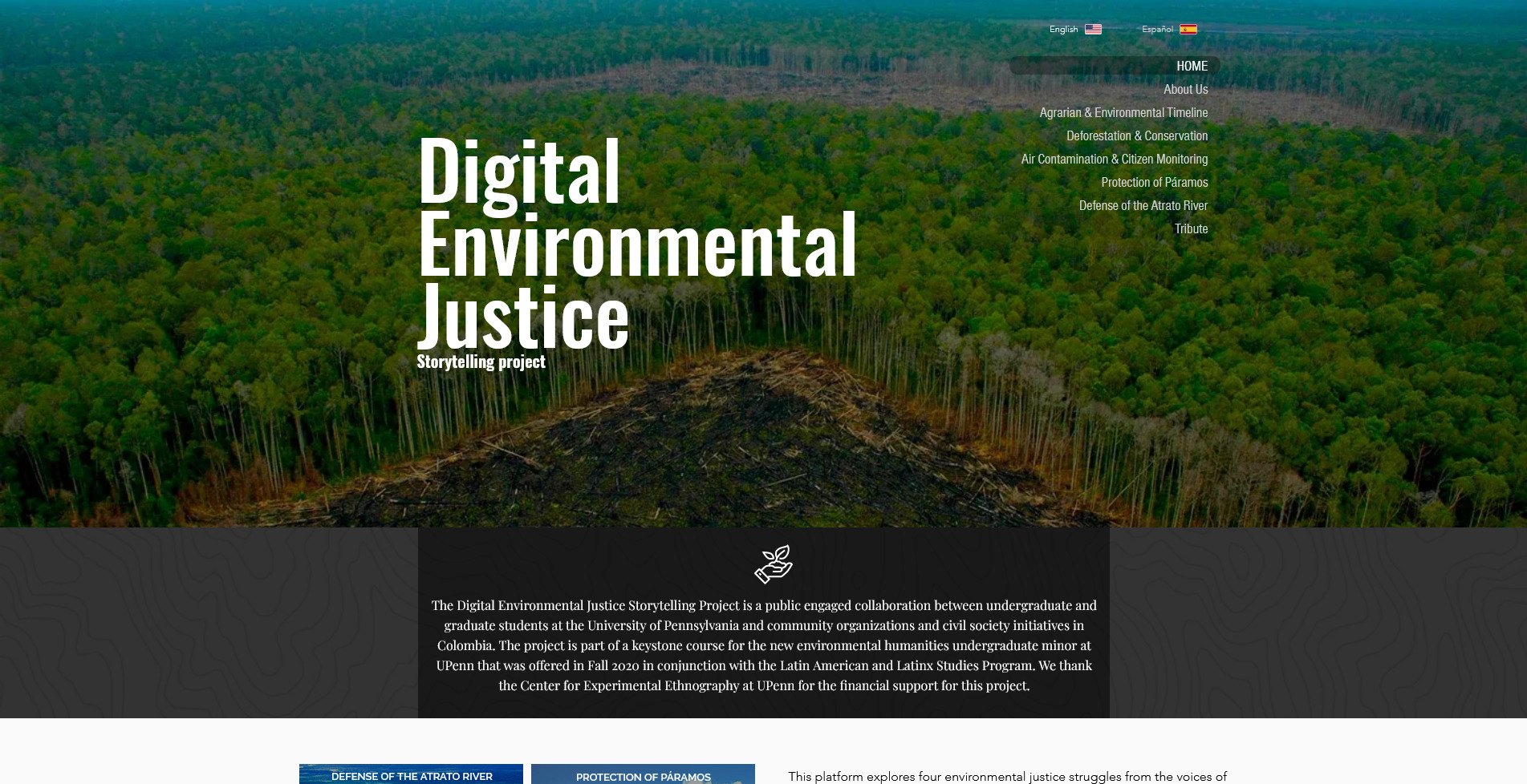 Screenshot of Digital Environmental Justice Platform, lush green Colombian selva with white text overlay