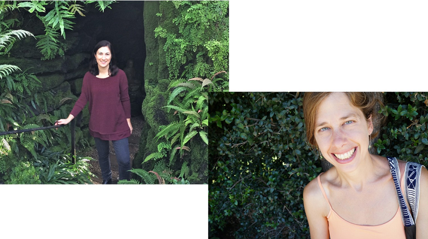 Chantel White and Miranda Mote each standing in front of different greenery
