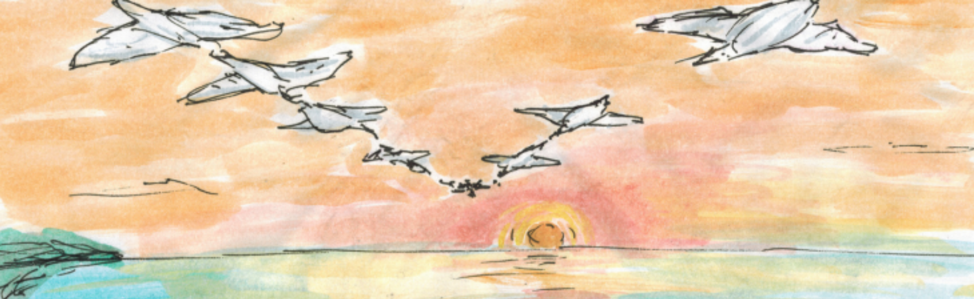 Painting of a flock of geese flying into the sunset over the beach.