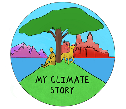 My Climate Story logo - a human and a deer in front of a tree. Mountains and a city are in the background.