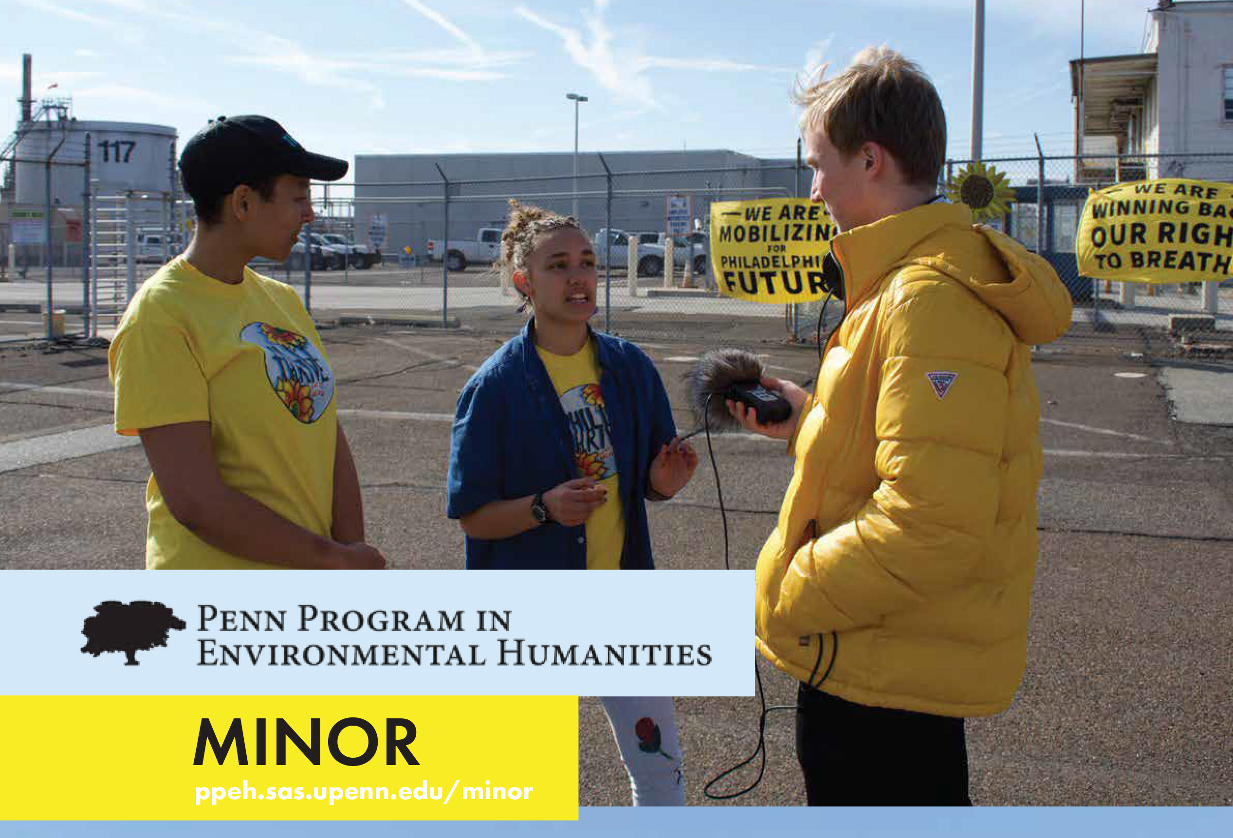 PPEH intern in bright yellow jacket interview activists at the PES refinery site