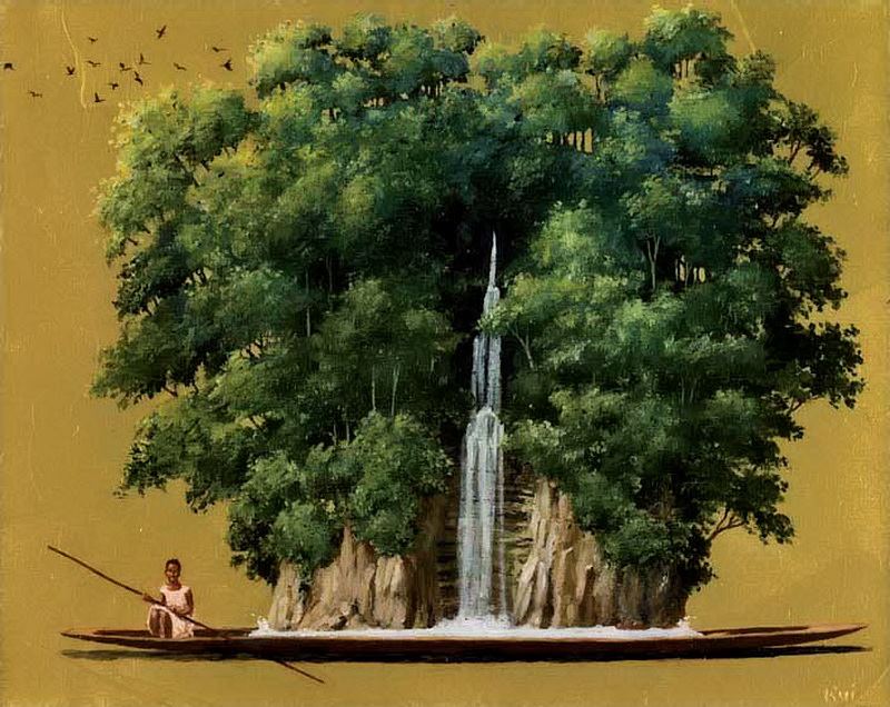 Painting of a tree, water, a person in a boat by Pedro Ruiz 1957