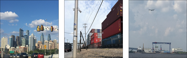 tryptic of Philadelphia skyline, shipping containers, Navy Yard