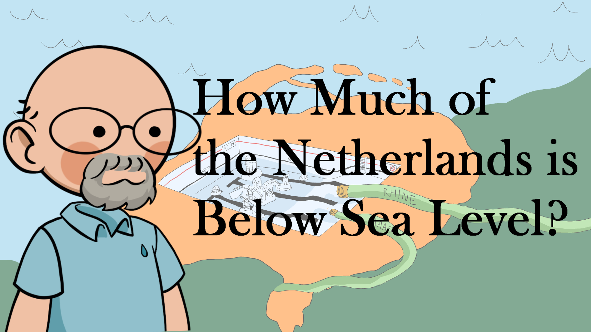 An animated portrait of Dr. Richter looks over a cartoon Netherlands depicted as a swimming pool