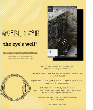 Yellow poster with eye line drawing and google earth image of a wall with water taps