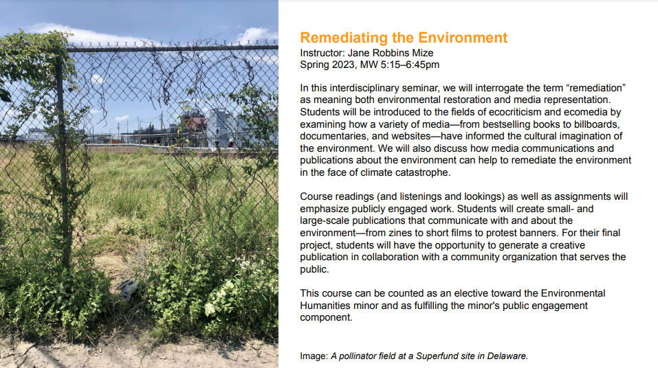 Image: A pollinator field at a Superfund site in Delaware. A fence and greenery is in the foreground. Beyond is a massive building of steel and brick.