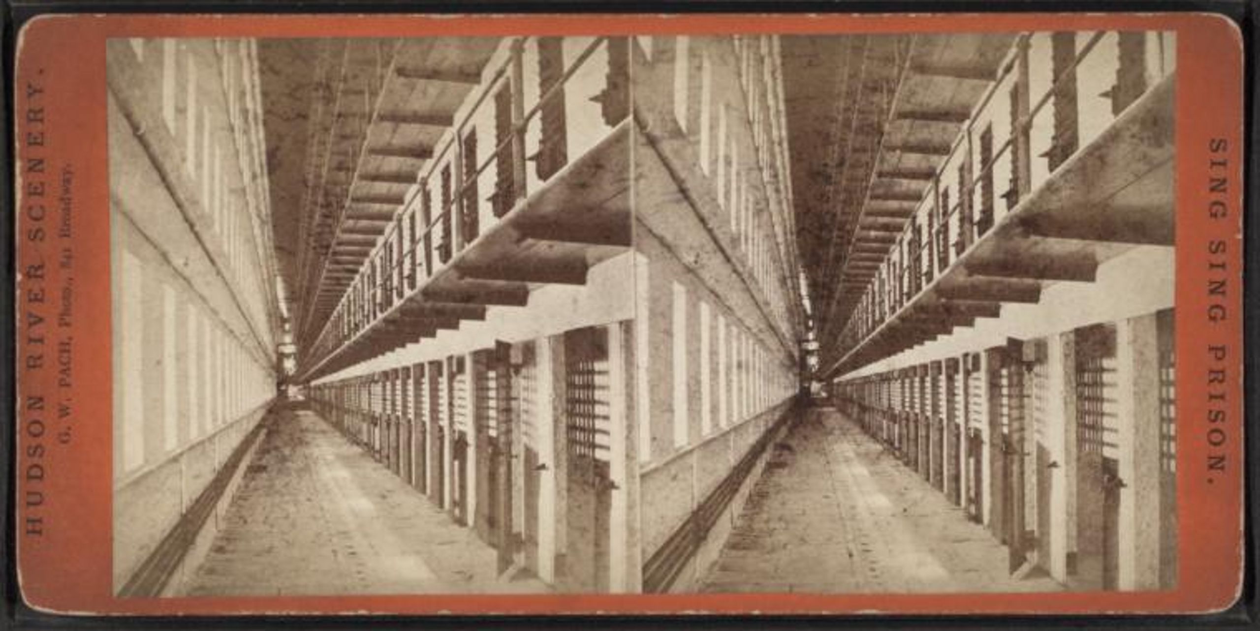 Historical stereoscope image of Sing Sing prison cellblock 
