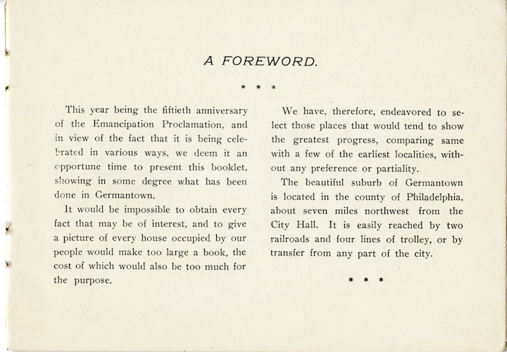 A forward to Souvenir of Germantown, explaining why it is being published at that time