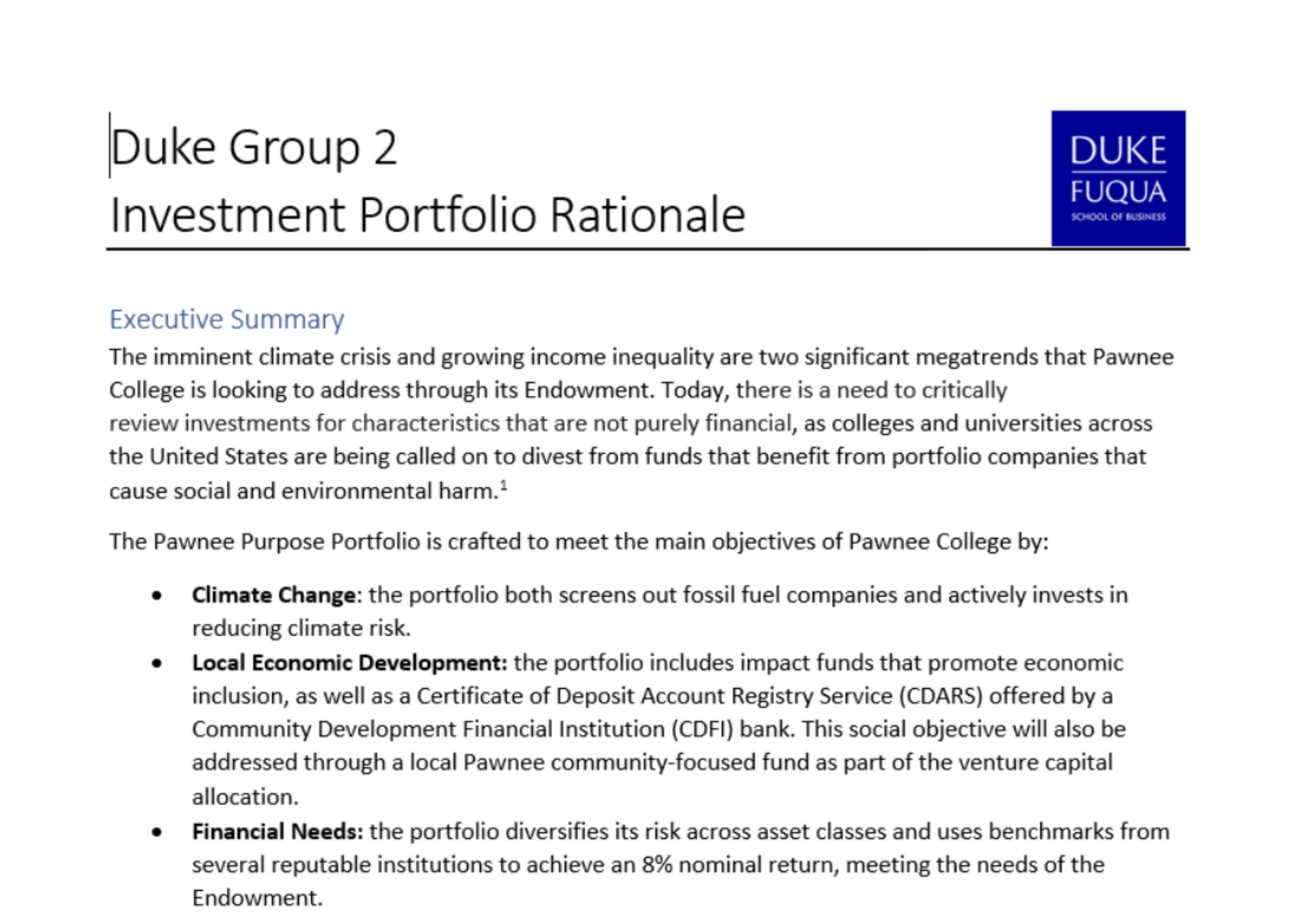 snippet from investment portfolio rationale -- executive summary