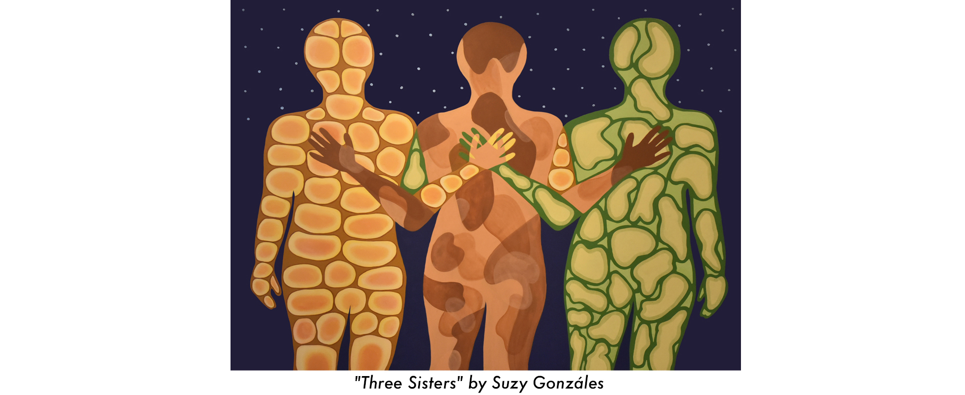 Three figures stand beneath a night sky, hands on each other's backs