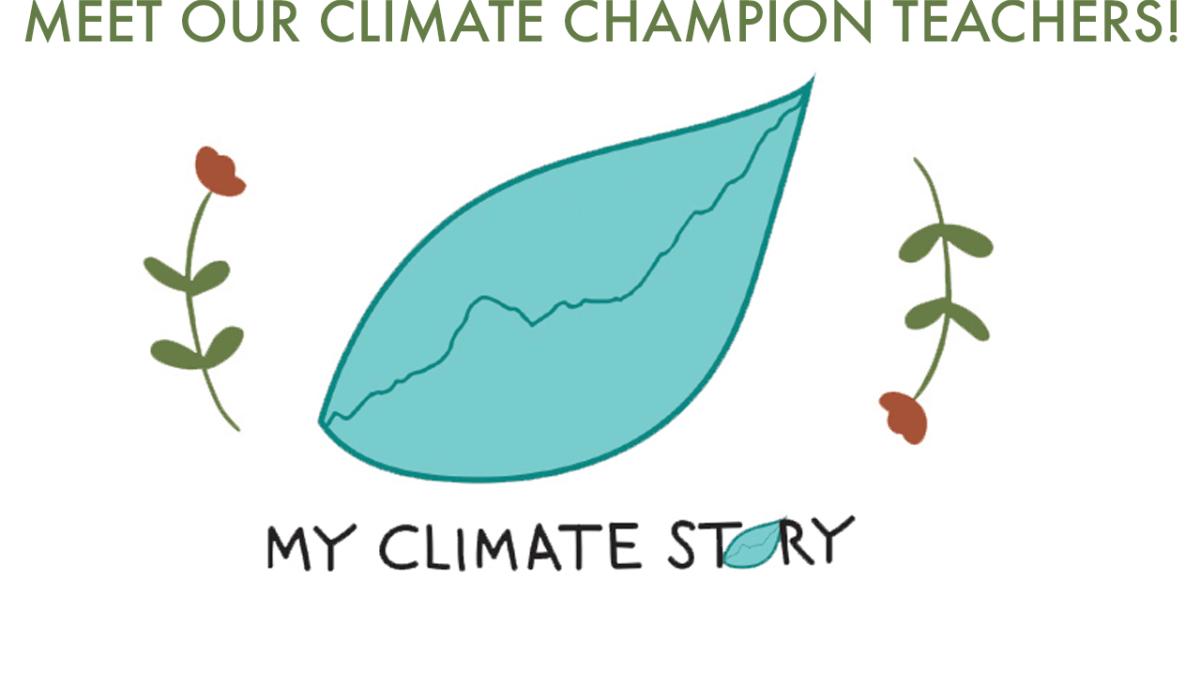 My Climate Story green leaf with climate change graph with roses on the sides