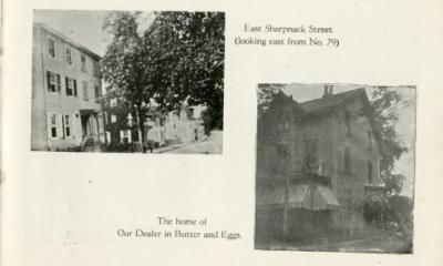 A page from Souvenir of Germantown, 1913 showing “East Sharpnack Street (looking east from No. 79)” and “The home of Our Dealer in Butter and Eggs”