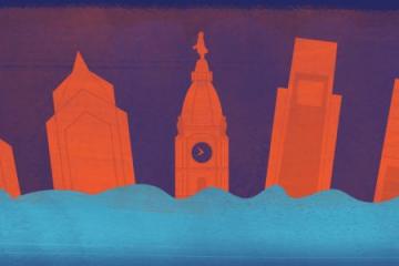 Cartoon graphic of three buildings in Center City Philadelphia.
