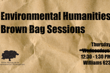 "Environmental Humanities Brown Bag Session" written on a brown bag texture.