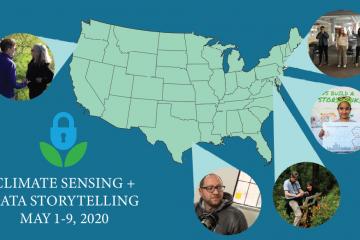 this map shows Climate Sensing and Data Storytelling partners across the country with a blue background and the Data Refuge logo in the bottom corner