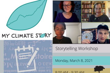 4 people in a Zoom meeting with My Climate Story leaf logo and workshop details