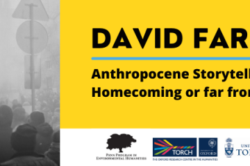Banner for David Farrier that has a black and white photo of a foggy, populated street corner on the left, and the three logos for Penn Oxford and Toronto at the bottom