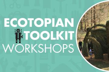 Text "ecotopian toolkit workshops" next to an image of kids playing at a garden.