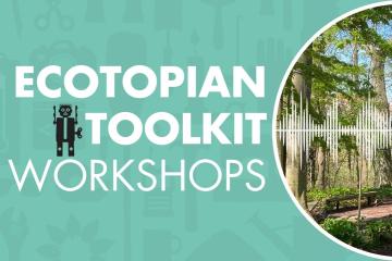 Text "ecotopian toolkit workshops" next to an image a wooded area overlaid with an illustration of sound waves.
